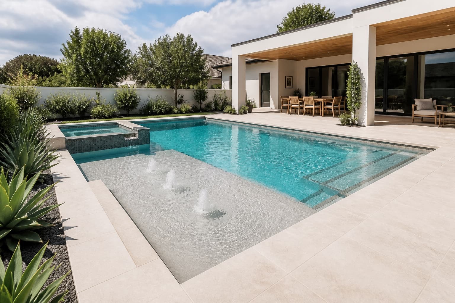 Bright family pool with a tanning ledge and raised spa